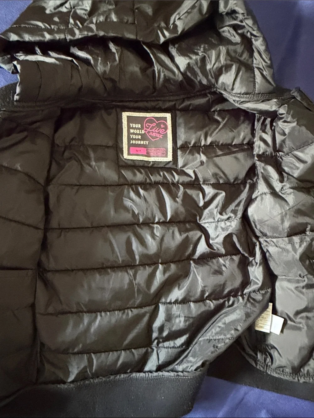 Justice Black Quilted Hooded Zip Jacket with Logo Pocket Trim